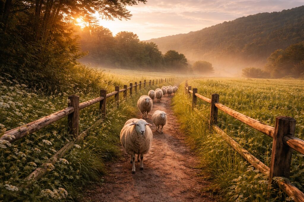 Ovejas caminando juntas por un sendero en la naturaleza al amanecer, símbolo de cuidado, amor y acompañamiento en el camino de la fe