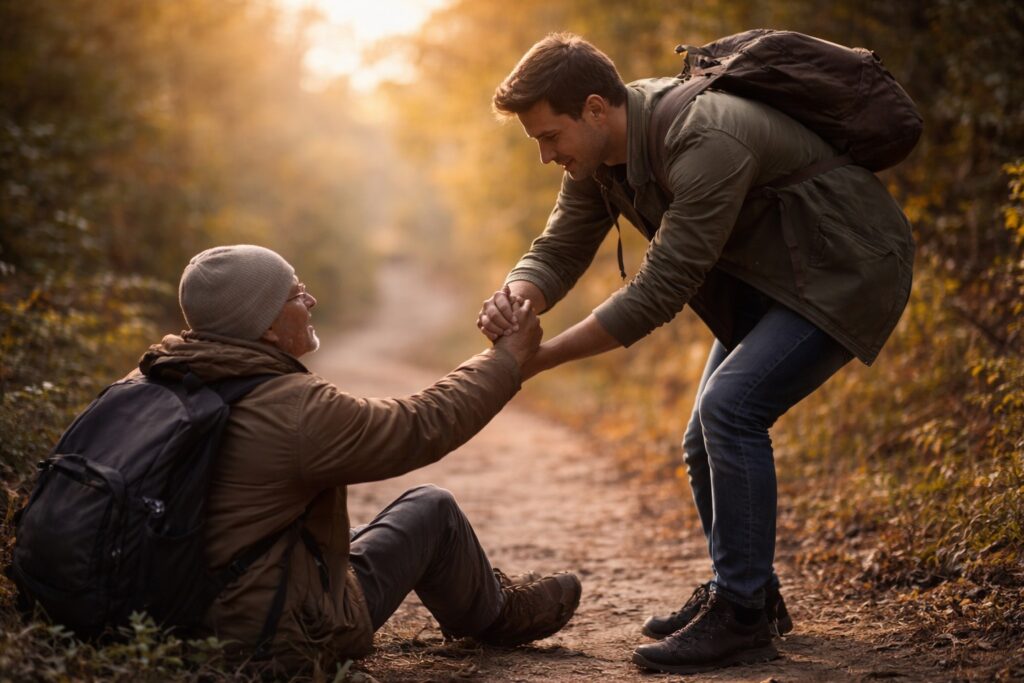 Persona ayudando a otra en un camino, reflejando bondad, generosidad y ayuda al prójimo