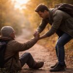 Persona ayudando a otra en un camino, reflejando bondad, generosidad y ayuda al prójimo