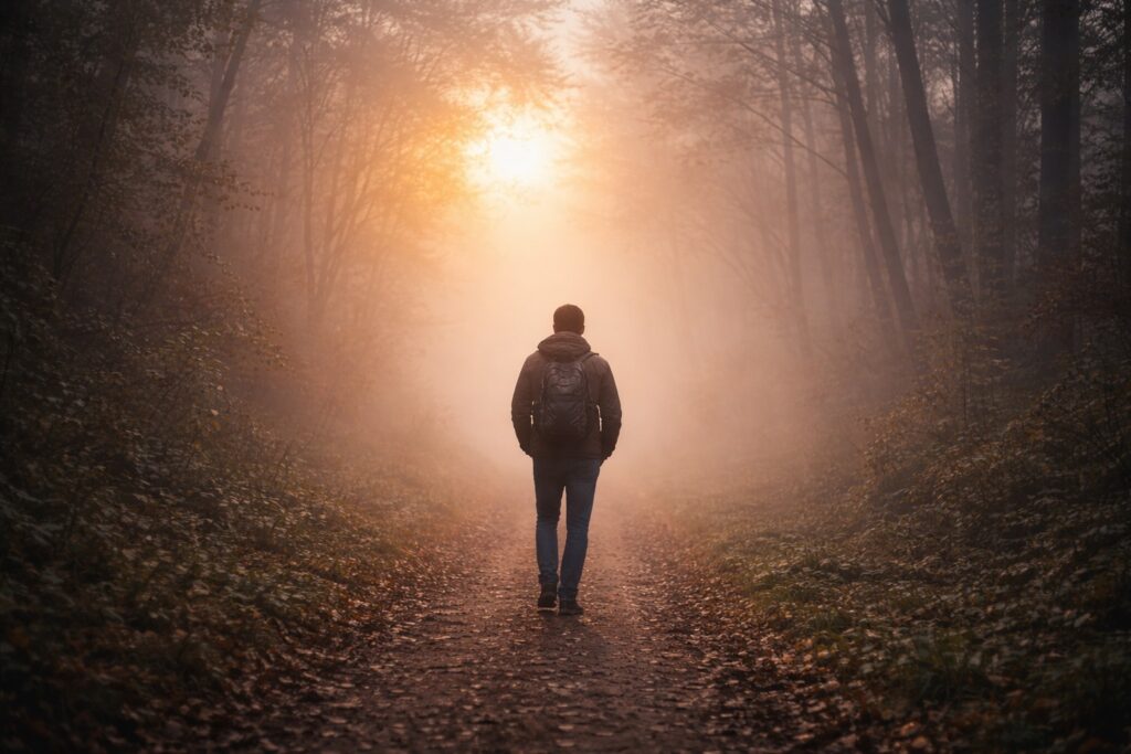 Persona caminando sola entre la niebla al amanecer, simbolizando la fe y la confianza en Dios durante la espera