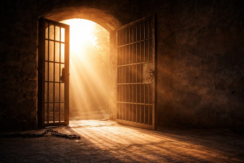 Luz entrando en un espacio oscuro como símbolo del gozo cristiano en medio de la prueba.