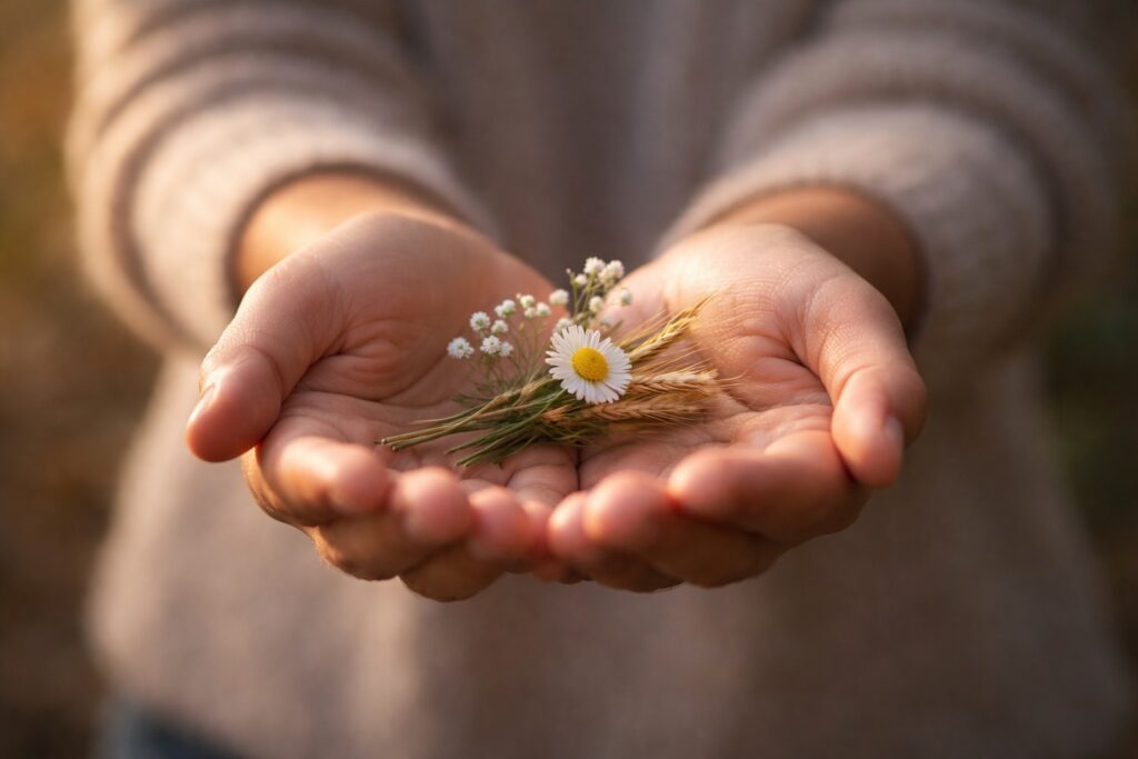 Manos abiertas ofreciendo algo sencillo como símbolo de benignidad y devolver bien por mal