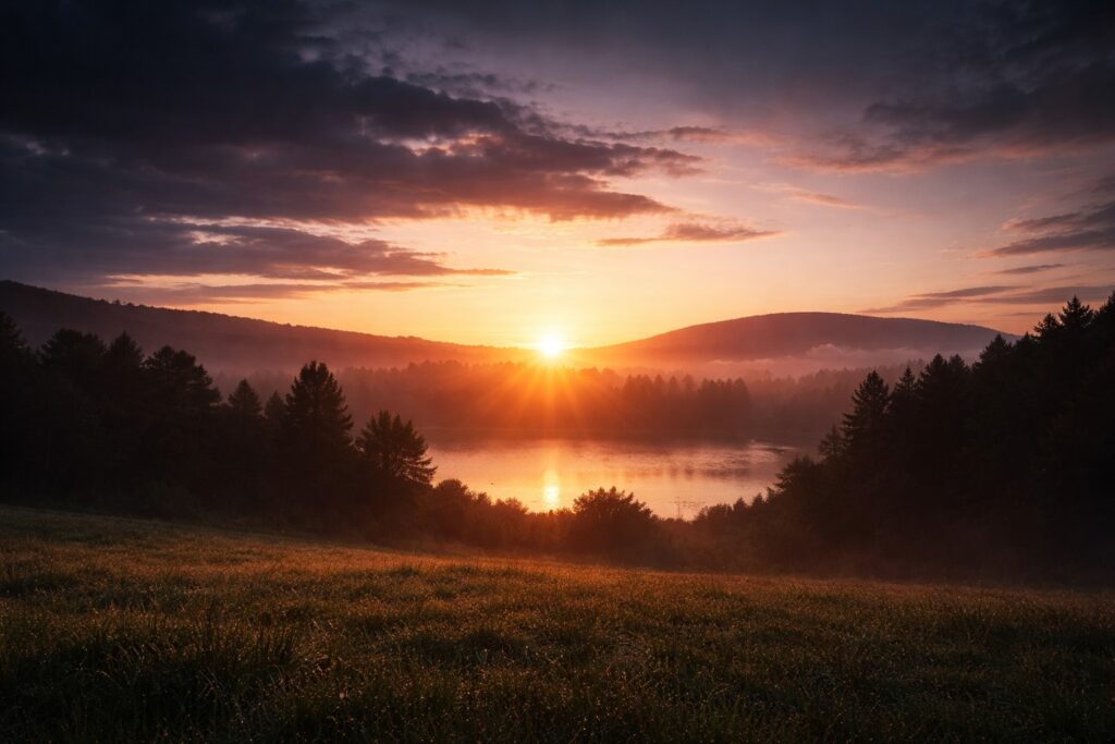 Luz suave iluminando un paisaje tranquilo como símbolo de la paz de Dios en cada etapa de la vida