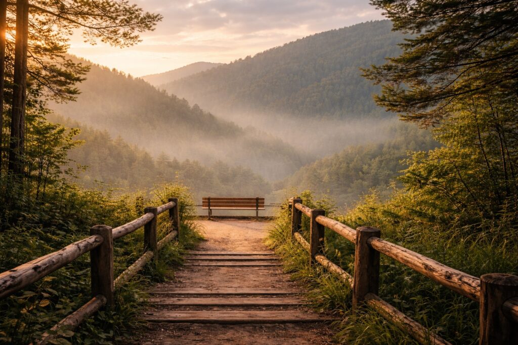 Camino de madera en la naturaleza que conduce a un banco frente a un valle, símbolo de reflexión, discernimiento y caminar con Dios