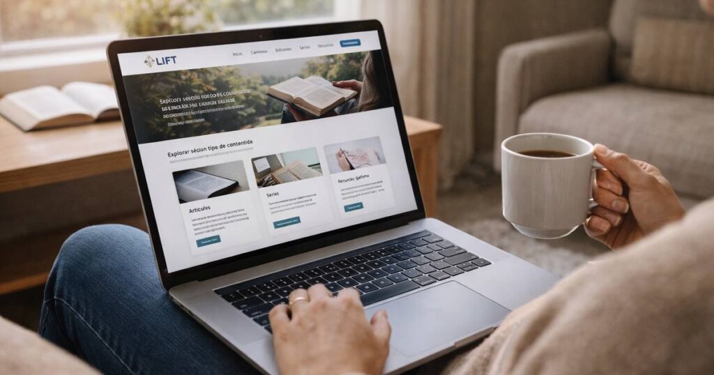 Persona explorando la biblioteca de contenidos cristianos de LIFT desde su hogar, consultando recursos y reflexiones en un ambiente tranquilo.