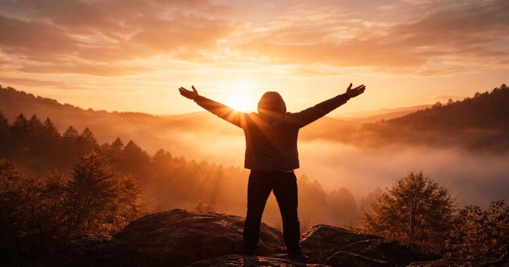Imagen simbólica de una persona sosteniendo los brazos en alto al amanecer, representando la fe que permanece aun en medio del cansancio.