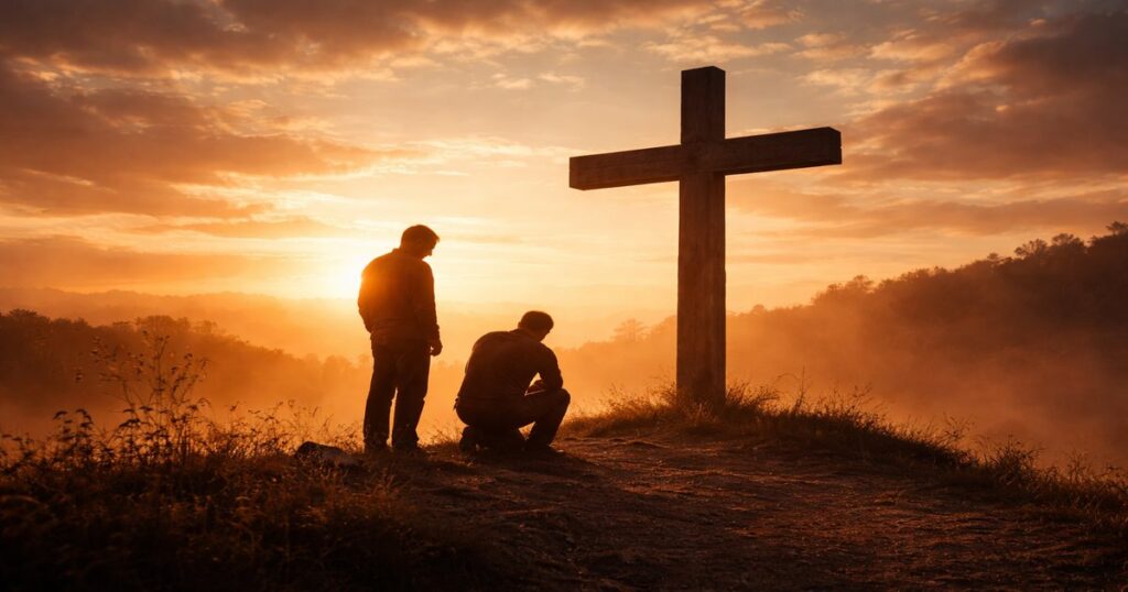 Dos siluetas humanas frente a una cruz al amanecer, símbolo de la misericordia de Dios ofrecida a todos, incluso en medio del dolor.