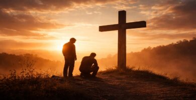 Dos siluetas humanas frente a una cruz al amanecer, símbolo de la misericordia de Dios ofrecida a todos, incluso en medio del dolor.