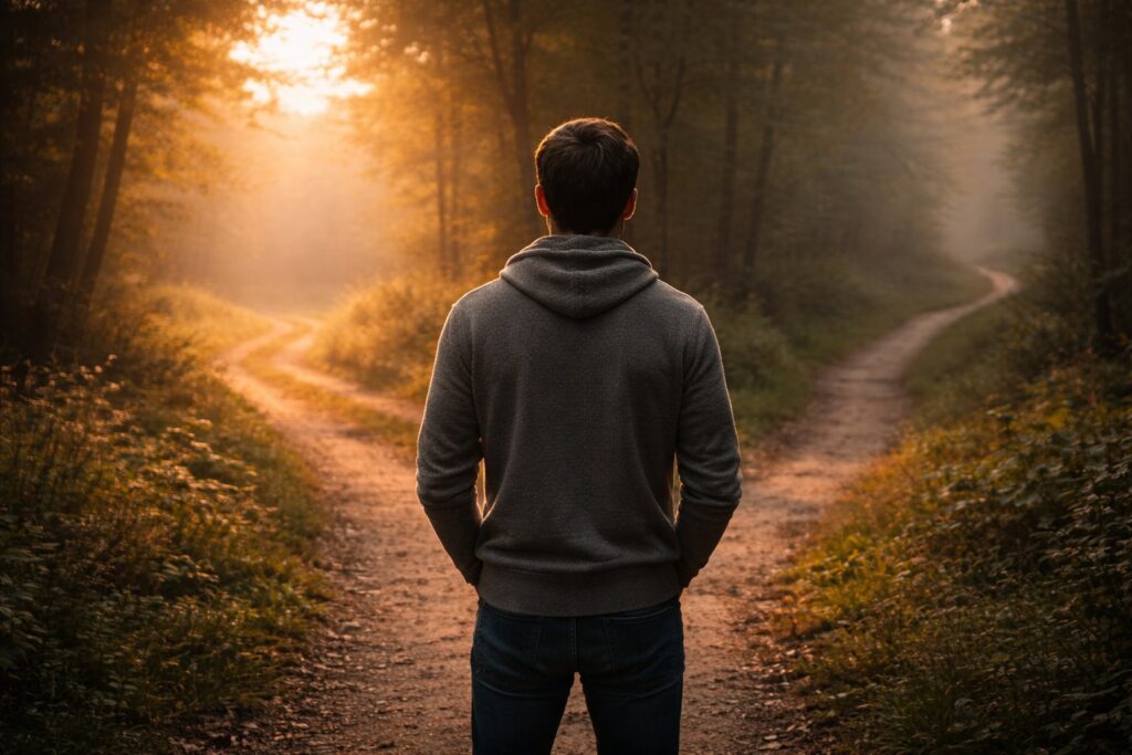 Persona de espaldas detenida frente a dos caminos al amanecer, símbolo de la decisión y el dominio propio en la vida cristiana.