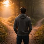 Persona de espaldas detenida frente a dos caminos al amanecer, símbolo de la decisión y el dominio propio en la vida cristiana.