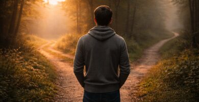 Persona de espaldas detenida frente a dos caminos al amanecer, símbolo de la decisión y el dominio propio en la vida cristiana.