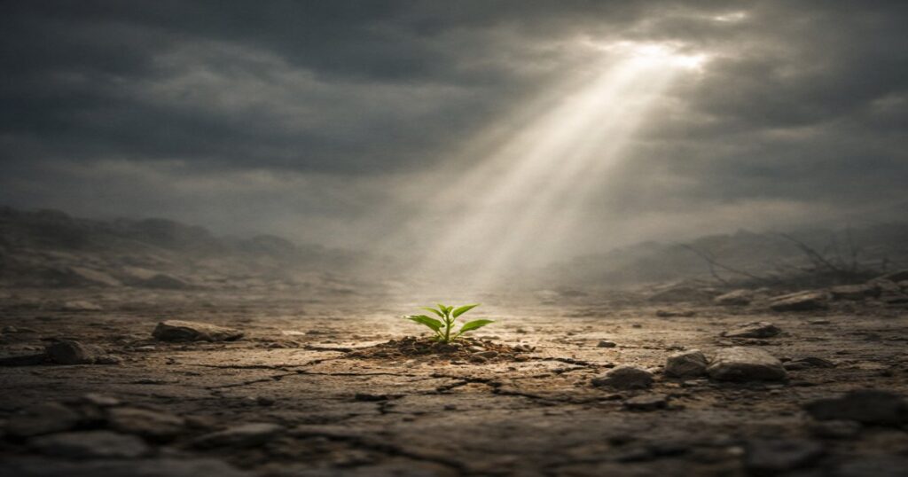 Imagen simbólica de una pequeña planta brotando en tierra seca bajo un rayo de luz, representando la fidelidad de Dios cuando todo parece perdido.