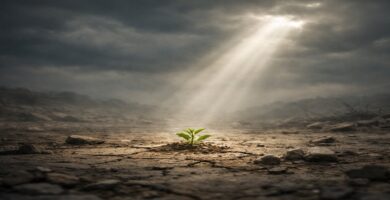 Imagen simbólica de una pequeña planta brotando en tierra seca bajo un rayo de luz, representando la fidelidad de Dios cuando todo parece perdido.