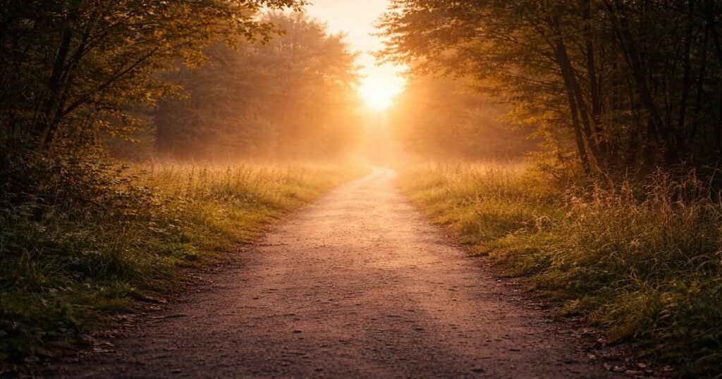 Camino iluminado al amanecer que representa el inicio del crecimiento espiritual diario