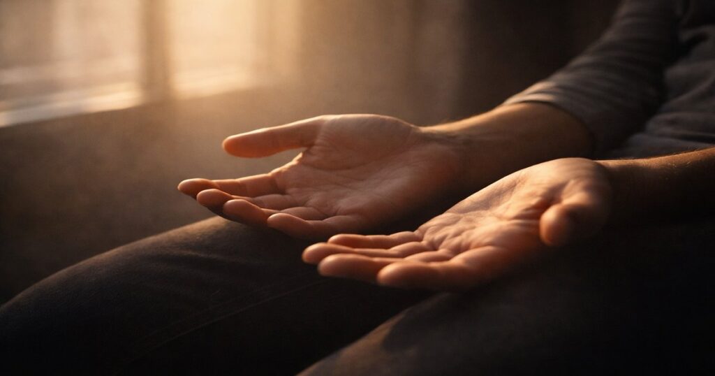 Manos abiertas en reposo iluminadas suavemente, símbolo de una oración silenciosa y de la rendición confiada delante de Dios.