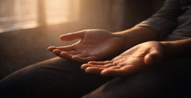 Manos abiertas en reposo iluminadas suavemente, símbolo de una oración silenciosa y de la rendición confiada delante de Dios.