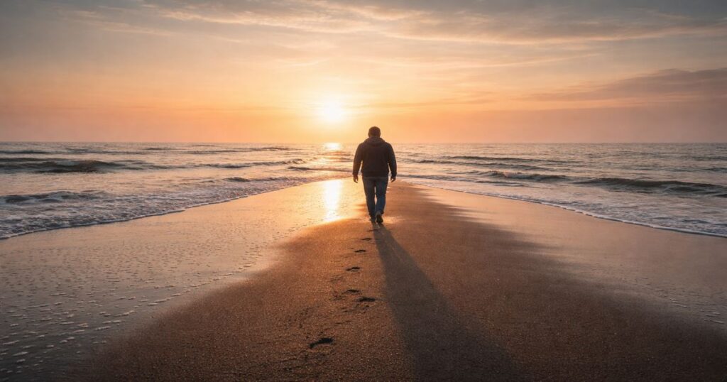 Imagen simbólica de una persona caminando hacia el amanecer junto al mar, representando confiar y caminar en la voluntad de Dios aun cuando el camino no es claro.