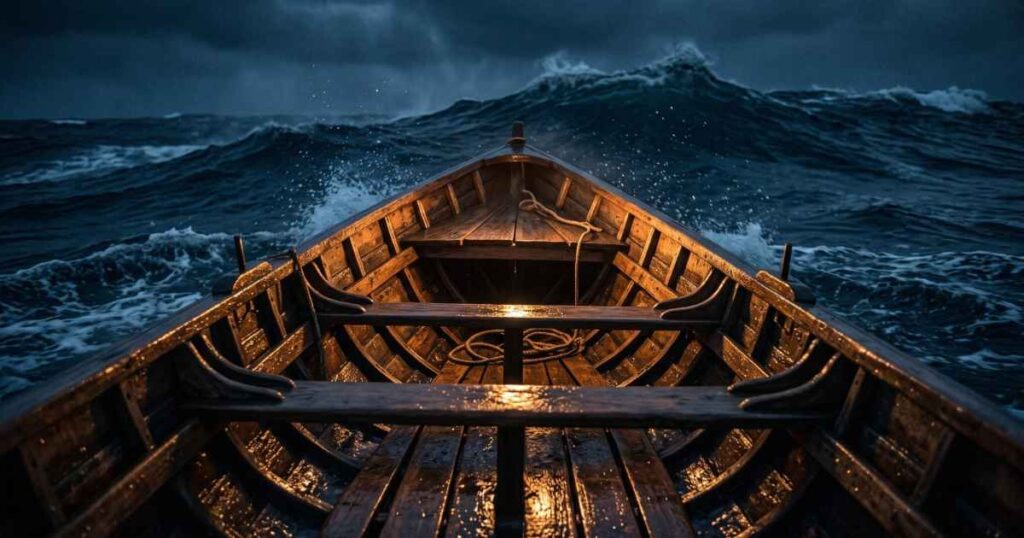 Vista desde adentro de una barca de madera golpeada por olas oscuras de noche, reflexión sobre por qué Jesús dormía en la tormenta.