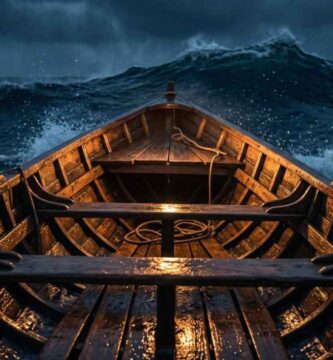 Vista desde adentro de una barca de madera golpeada por olas oscuras de noche, reflexión sobre por qué Jesús dormía en la tormenta.